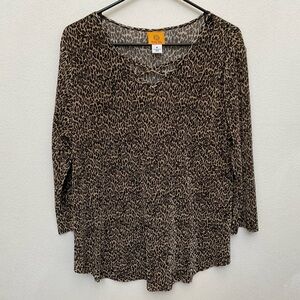 Ruby Rd Leopard Print Criss Cross Neckline Stretchy Long Sleeve Top Size Medium